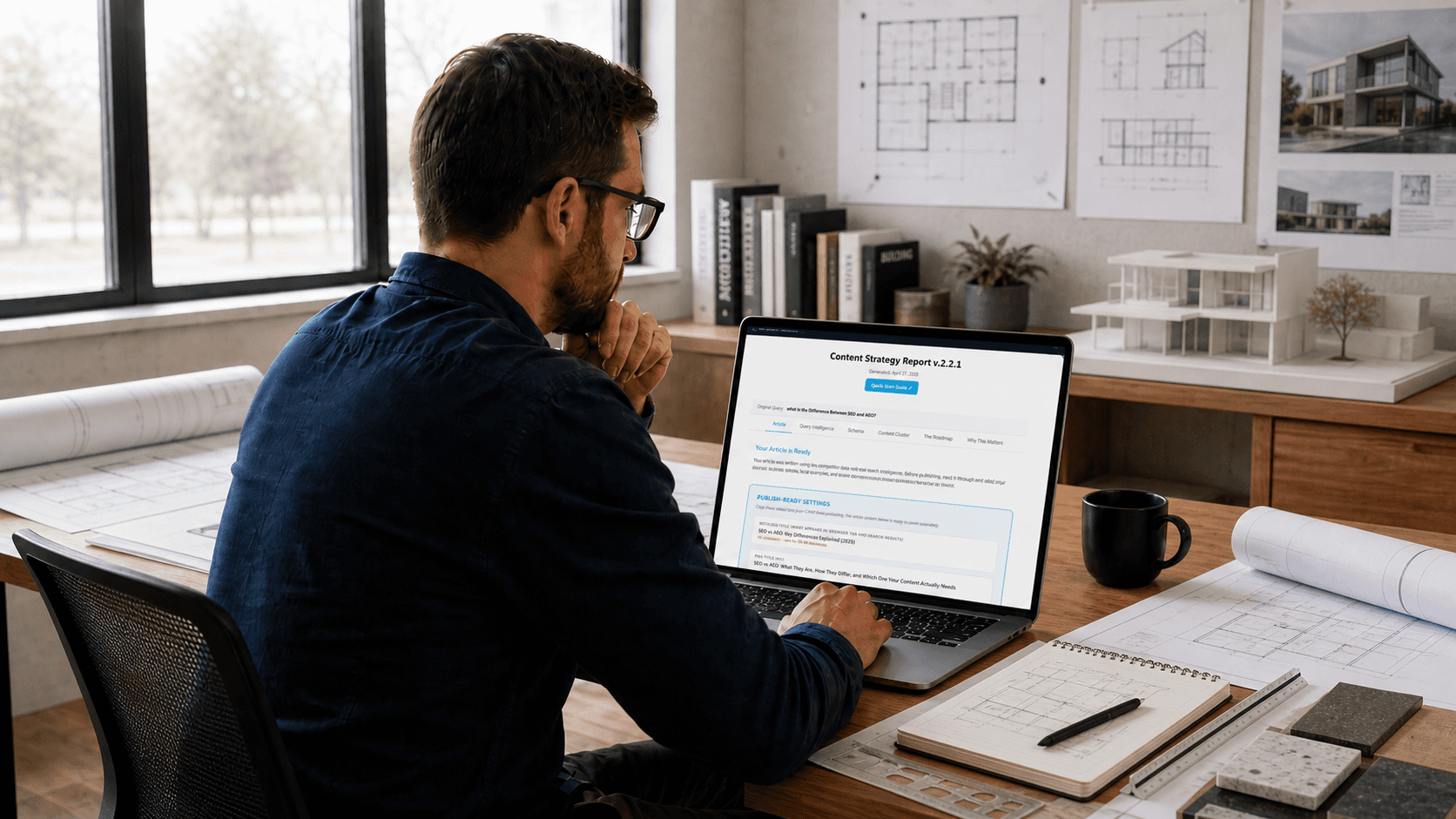 Small business owner reviewing a Beacon4ai Content Strategy Report on a laptop