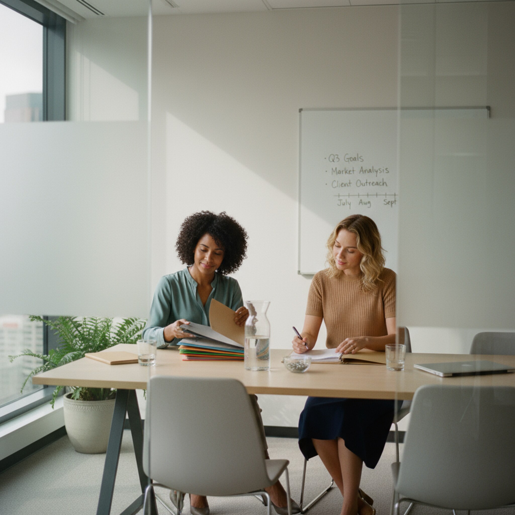 In einem verglasten Besprechungsraum blättern zwei Mitarbeiterinnen durch ordentlich sortierte Aktenmappen. Ein schlichtes Whiteboard mit sauber notierten Stichpunkten steht an der Wand. Ein Wasserkaraffe und Gläser auf dem Tisch unterstreichen die aufmerksame, professionelle Stimmung.