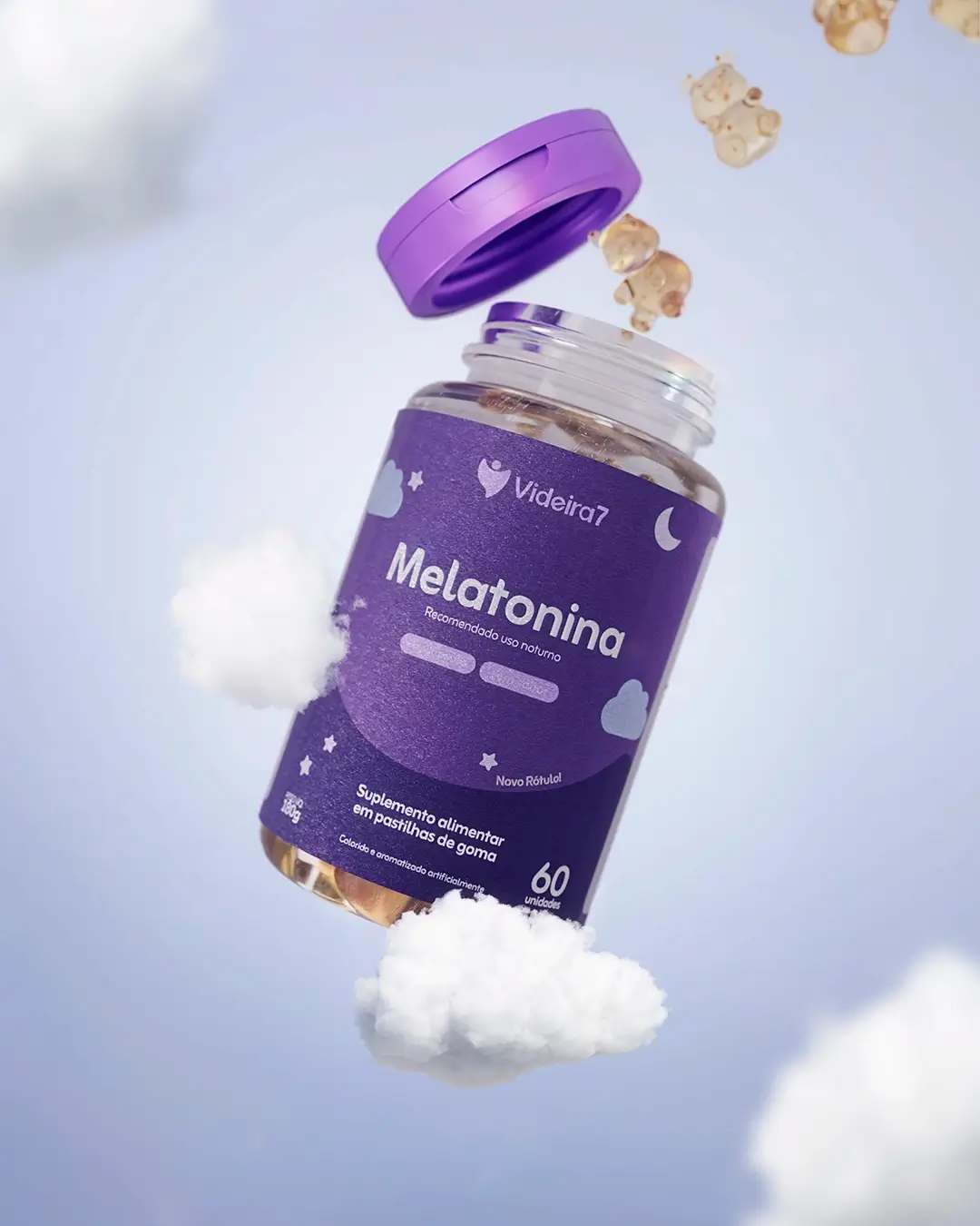 Front view of Videira7 Melatonina gummy supplement bottle, 3D product modeling with purple label and realistic plastic texture.