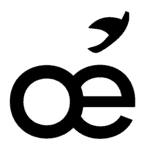 Logo minimaliste composé des lettres minuscules « o » et « e » avec une feuille.