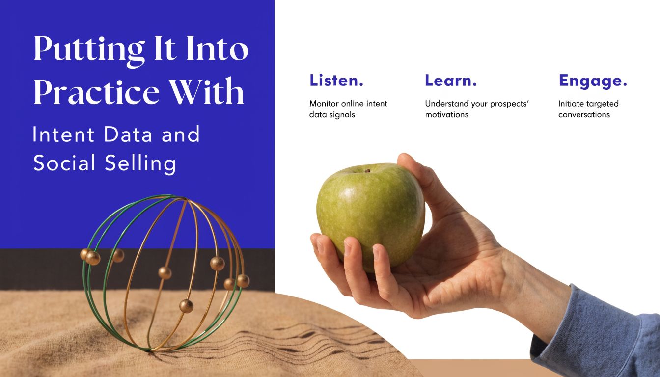 Conceptual image illustrating B2B sales strategy with intent data, an apple, and a kinetic sculpture.