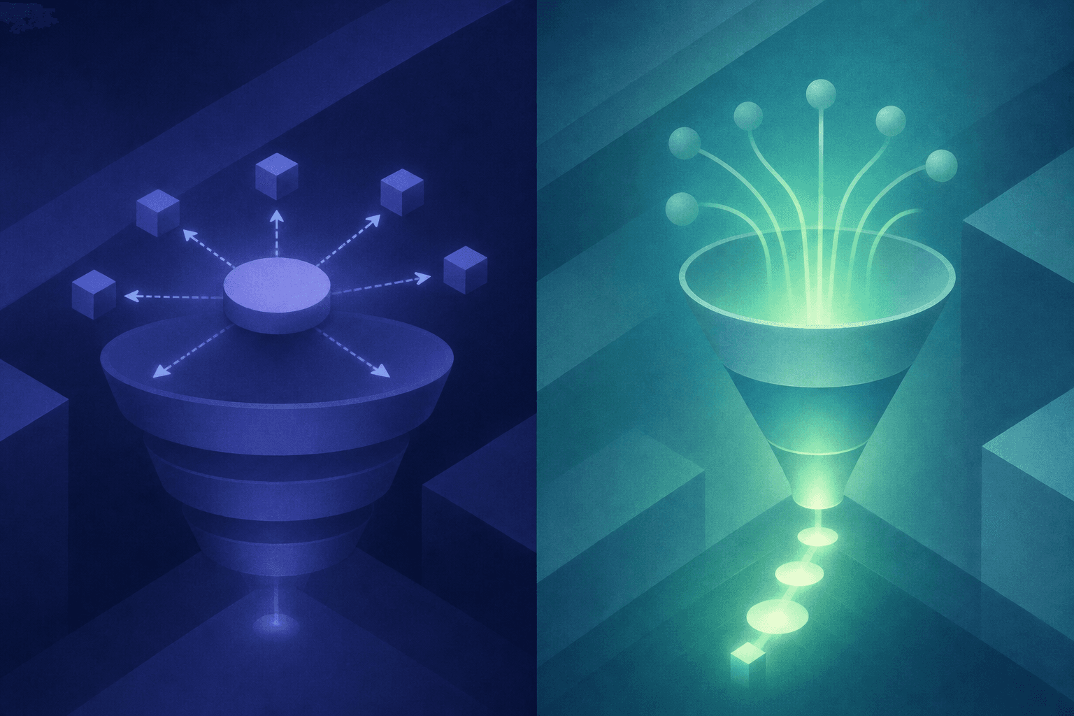 A split-screen diagram showing two parallel sales funnel concepts side by side. On the left side, an outbound funnel with arrows pointing outward from a central hub, representing emails and messages being sent to cold prospects, with a dark navy blue color scheme. On the right side, an inbound funnel with warm traffic flowing downward through a glowing green conversion path, representing website visitors being engaged in real time. Abstract geometric shapes, gradient flows, and directional arrows convey movement and conversion. Modern flat design with teal and dark blue tones, no text or labels anywhere in the image.
