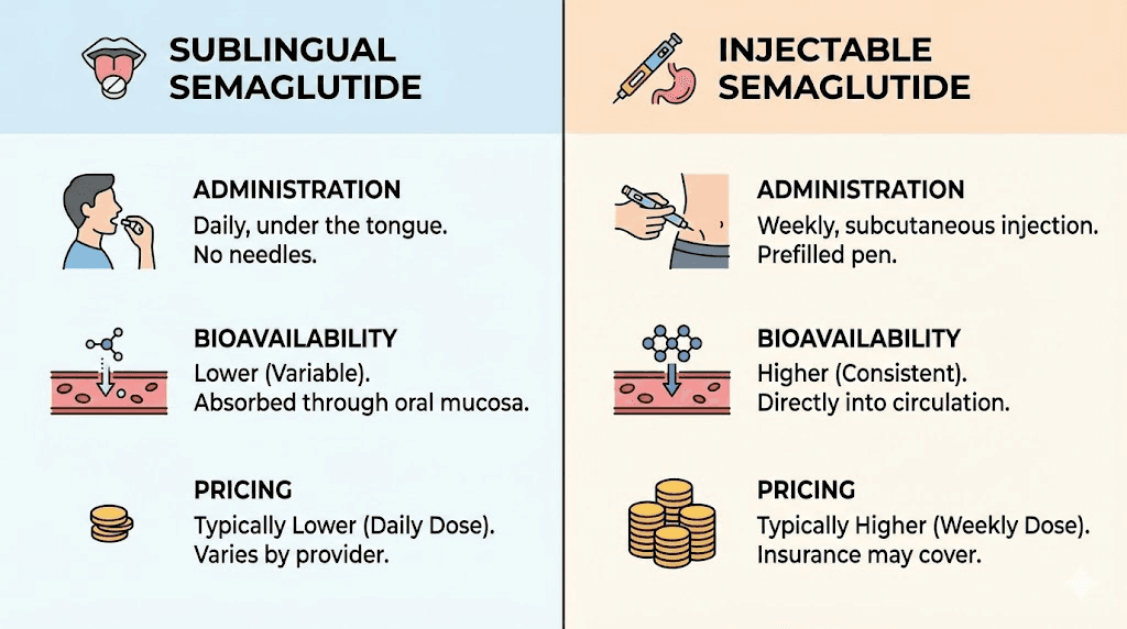 Sublingual versus injectable semaglutide comparison for Direct Meds patients
