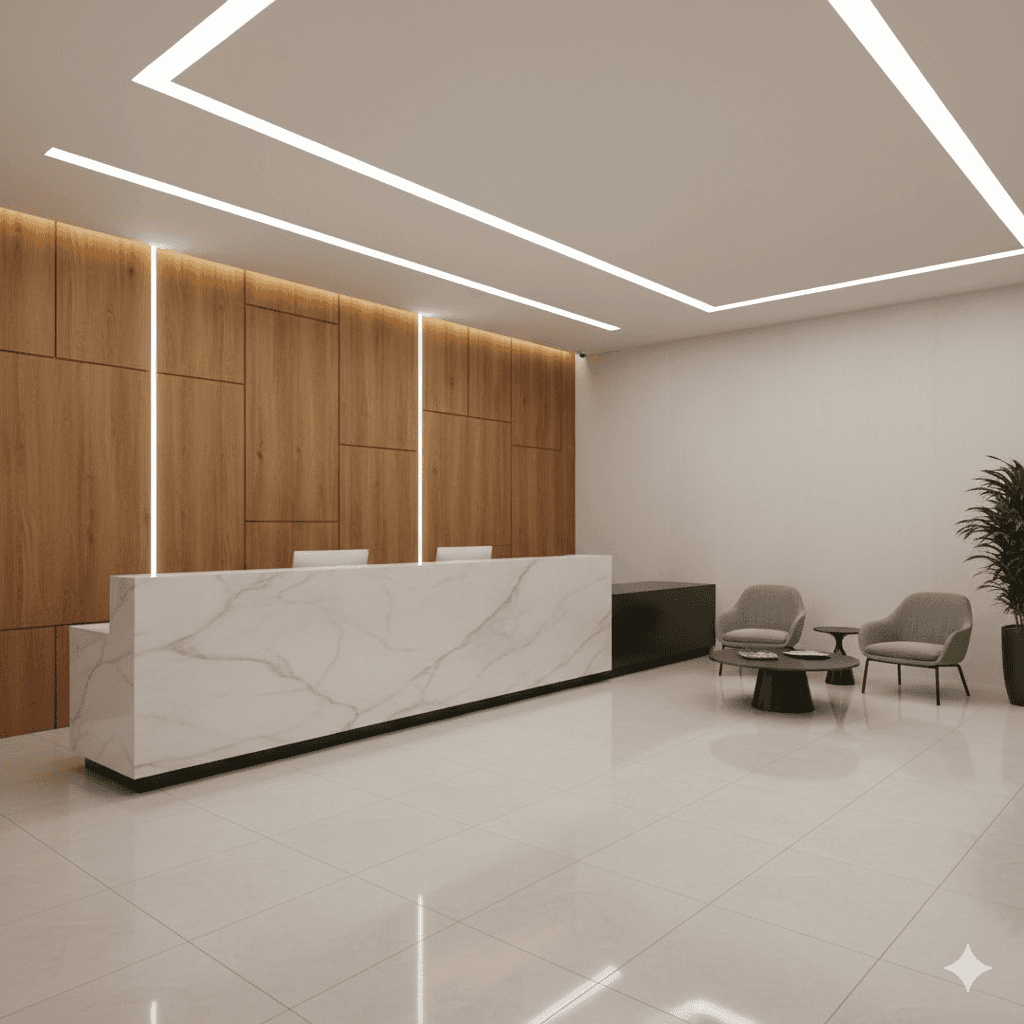 Pristine, minimalist reception desk in the modern lobby of M3M Bliss Low Rise Floors, Sector 61, Gurugram, with contemporary lighting