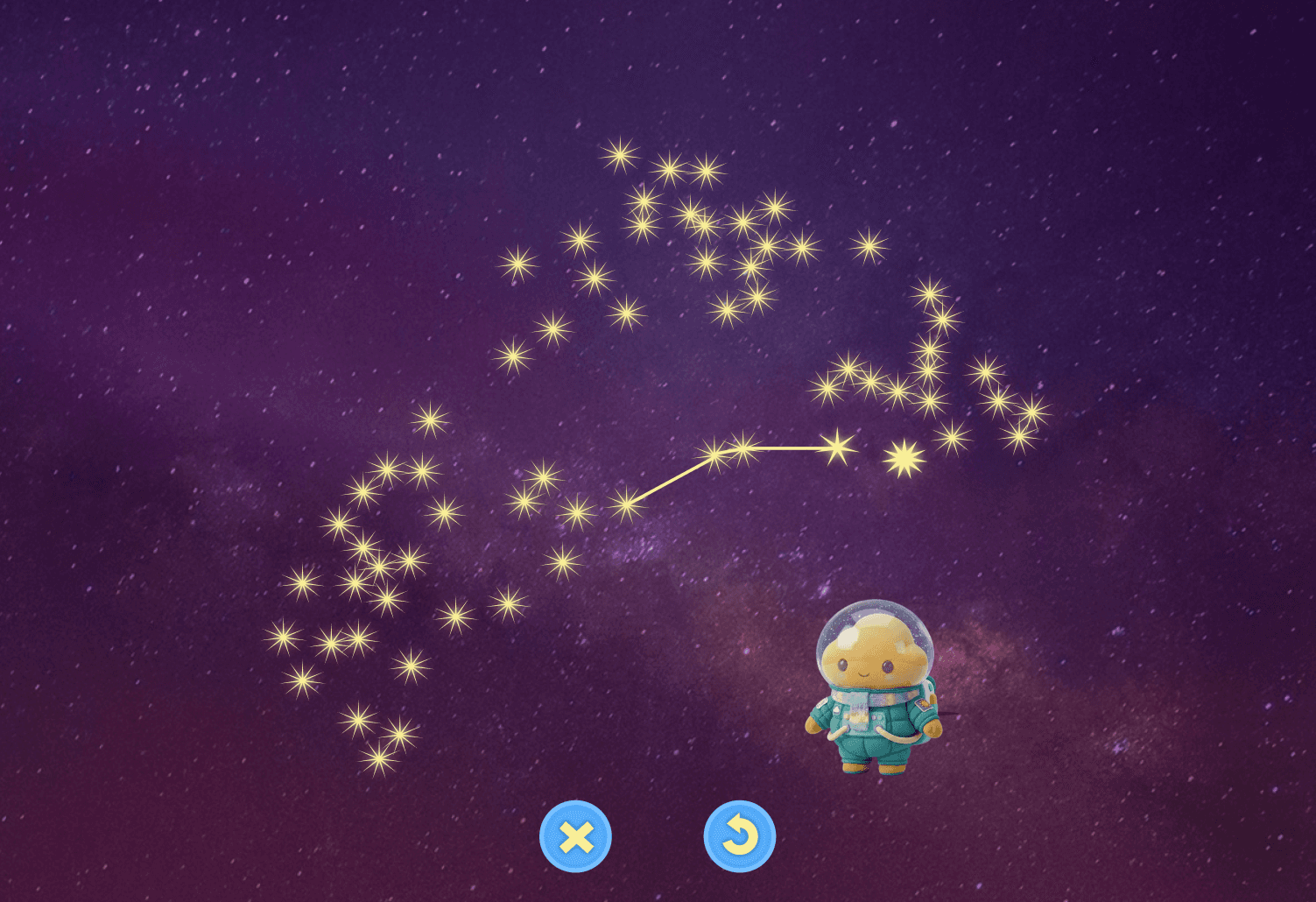 En lila stjärnhimmel med stjärnor som formar ett prick till prick mönster. Den lilla kiguren från tidigare står under stjärnbilden och har på sig en rymddräkt.