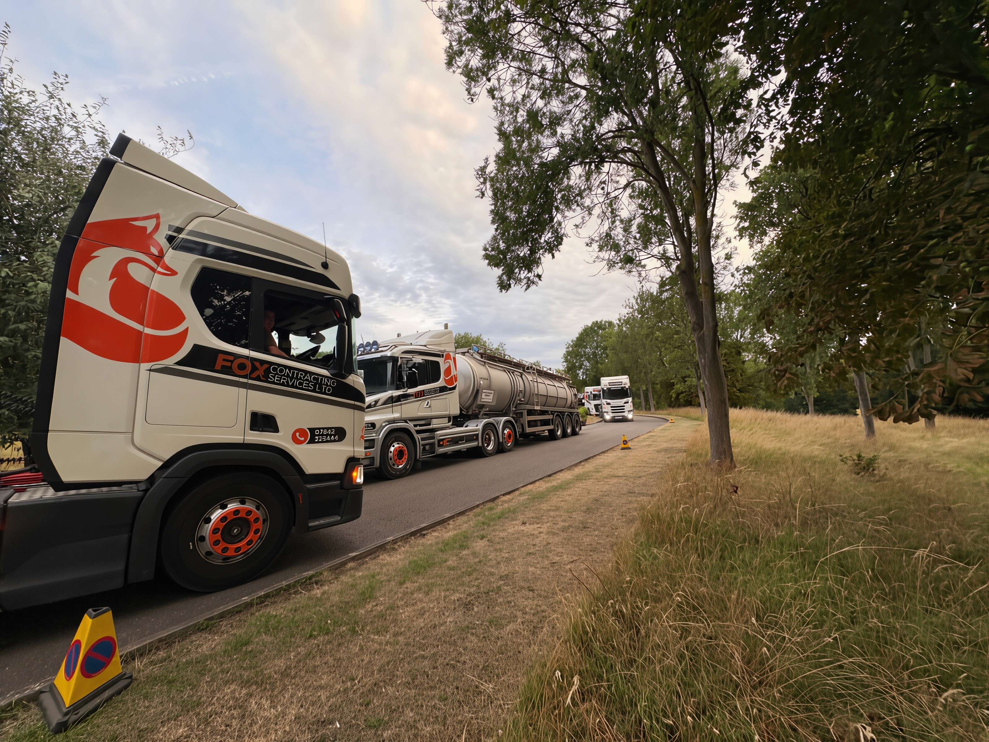 A large industrial facility with gray metal siding and a tall smokestack is in the background, while a white semi-truck towing a cylindrical tanker is parked in the foreground.