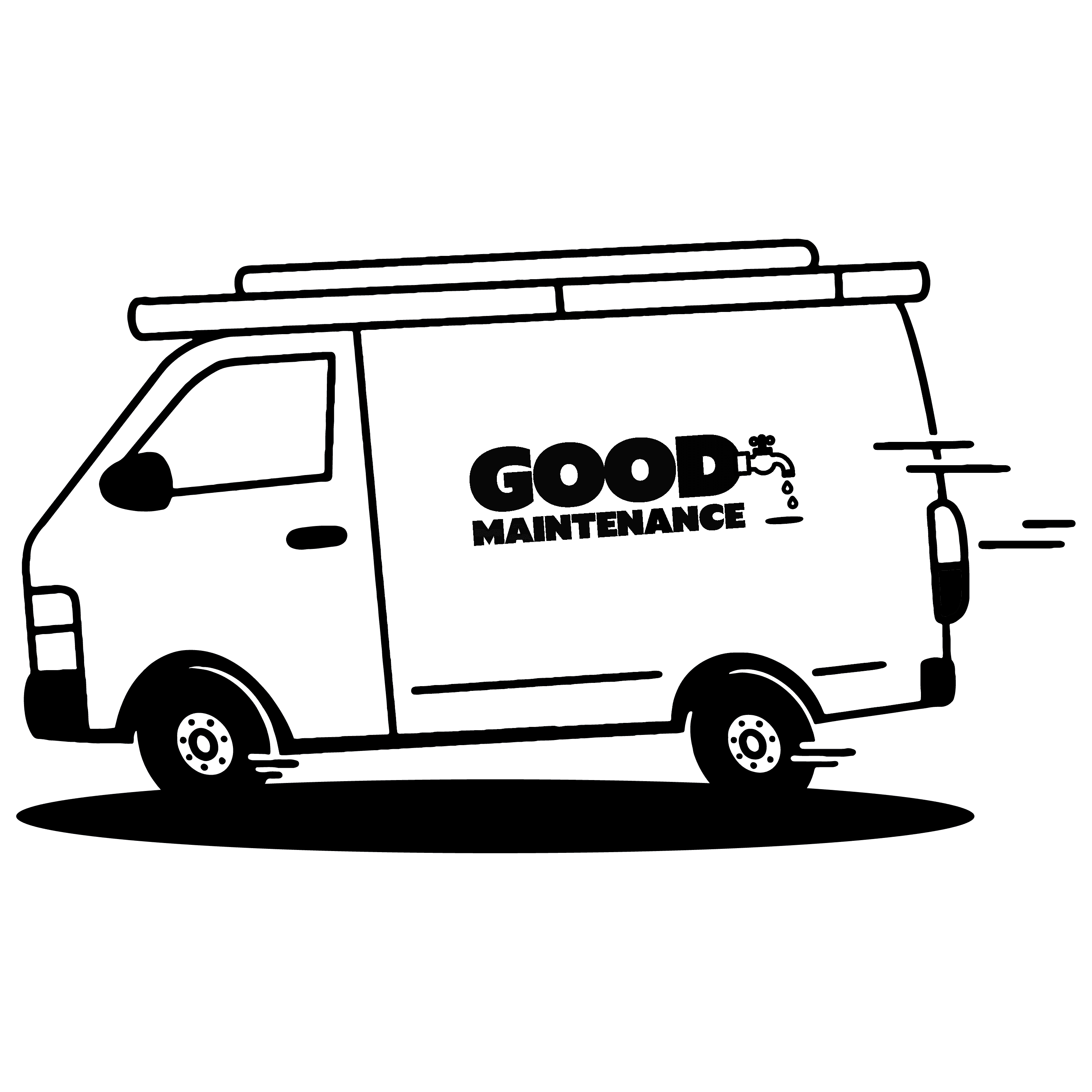 A cute line illustration of a Good Maintenance van with a tap on the side.