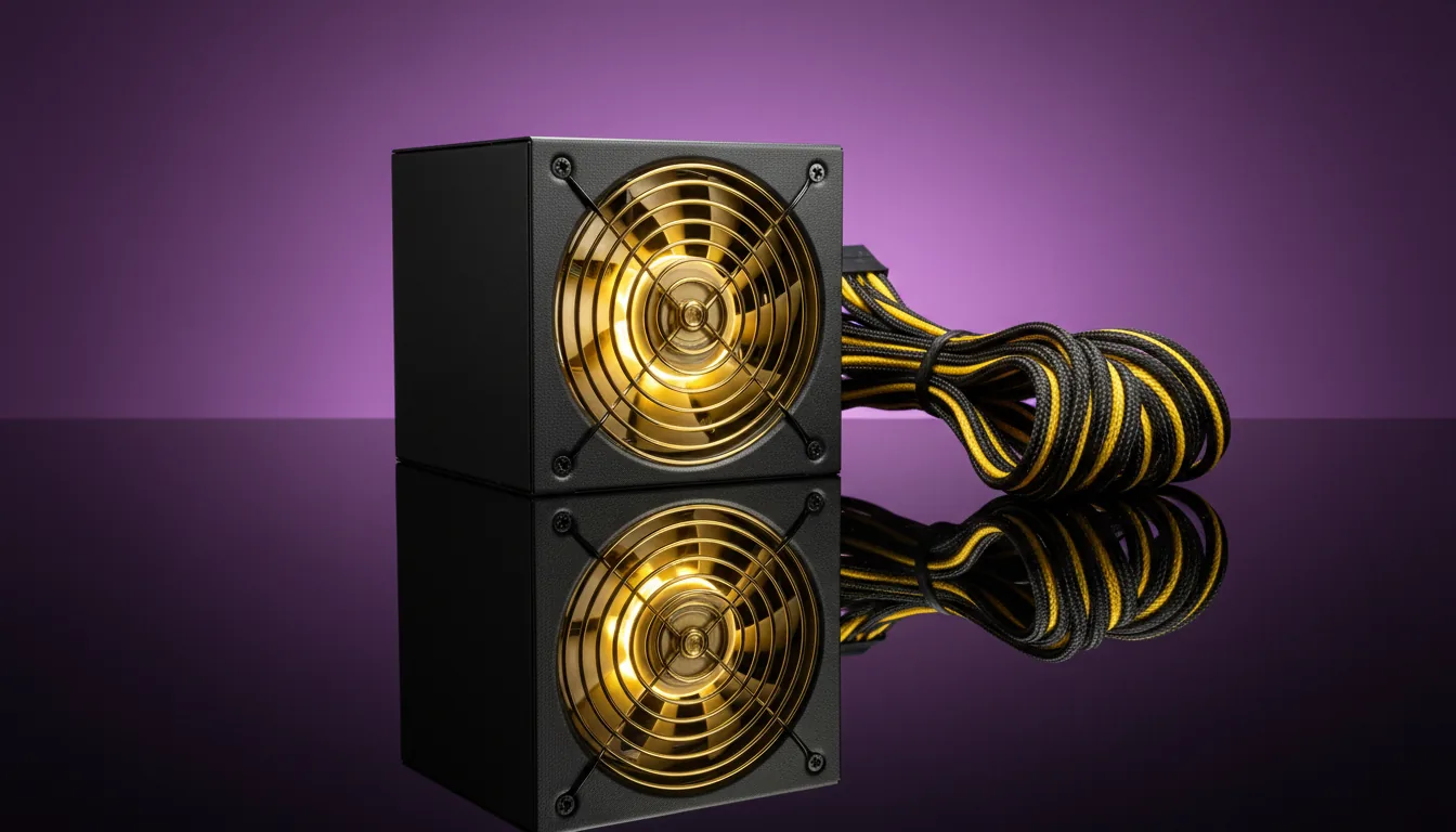 DSLR product photography of a computer power supply unit with a matte black metal casing and a prominent gold-colored circular fan grill, resting on a highly reflective black surface that creates a perfect mirror image. A bundle of black and yellow sleeved cables is attached to the unit. The scene is illuminated by soft studio lighting against a clean, deep purple gradient backdrop, creating a cinematic contrast with sharp focus on the hardware.