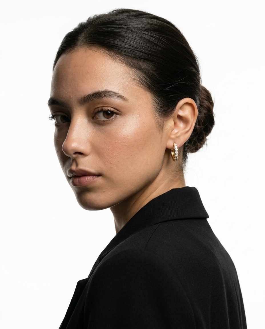 Isabella Vega AI model wearing gold huggie hoop earring, dark cinematic studio portrait, sleek low bun, Gemzy AI jewelry studio