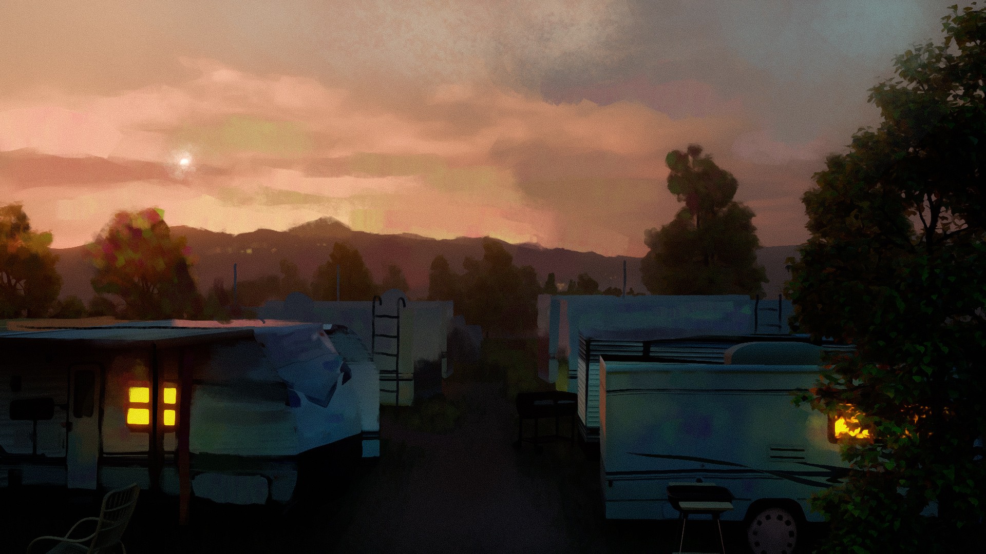 Noodle Core background, trailer park at dawn, nostalgic vibes