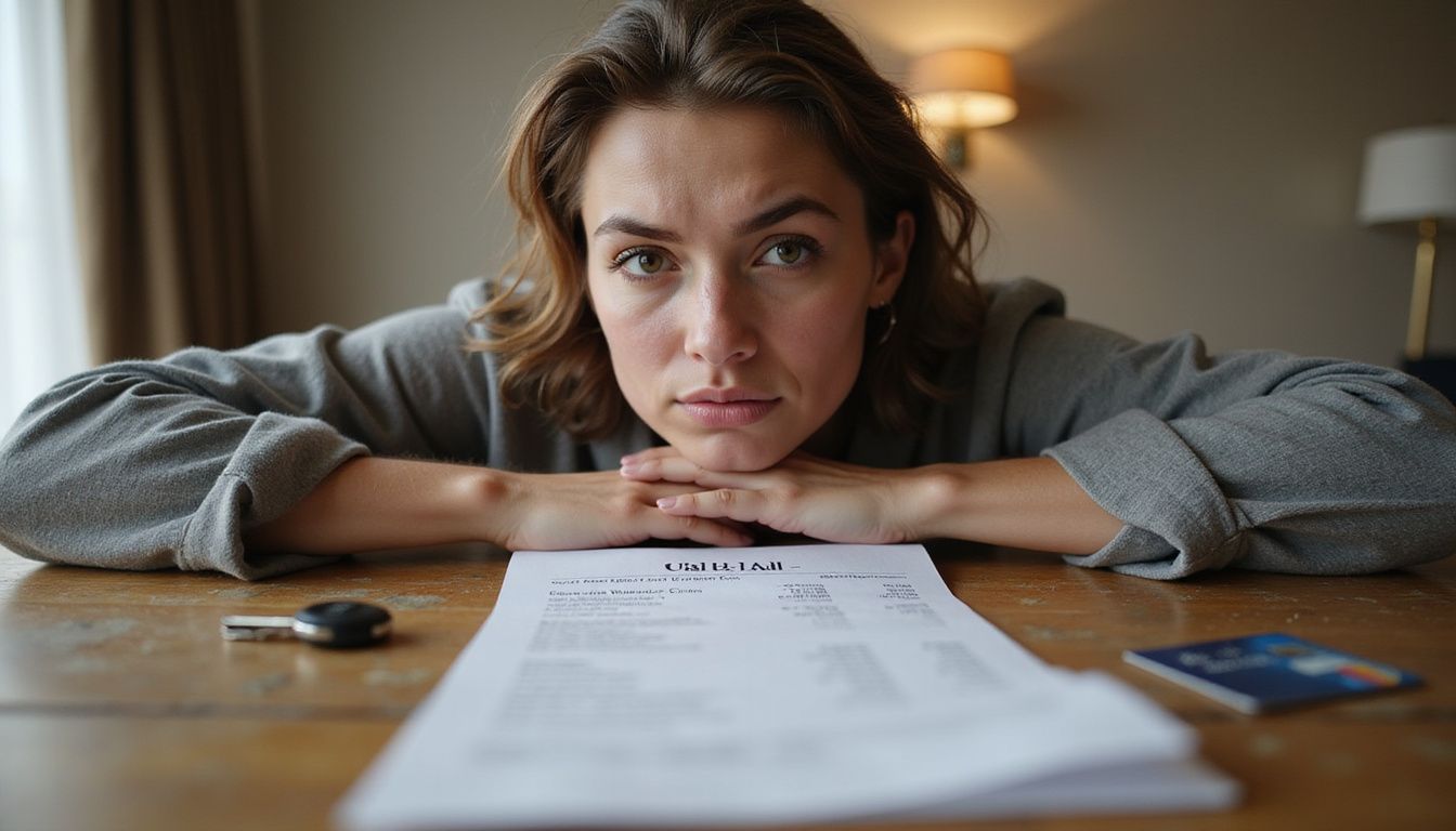 A traveler reacts with comic disbelief at absurd hotel fees on their bill, showcasing everyday absurdity in travel.