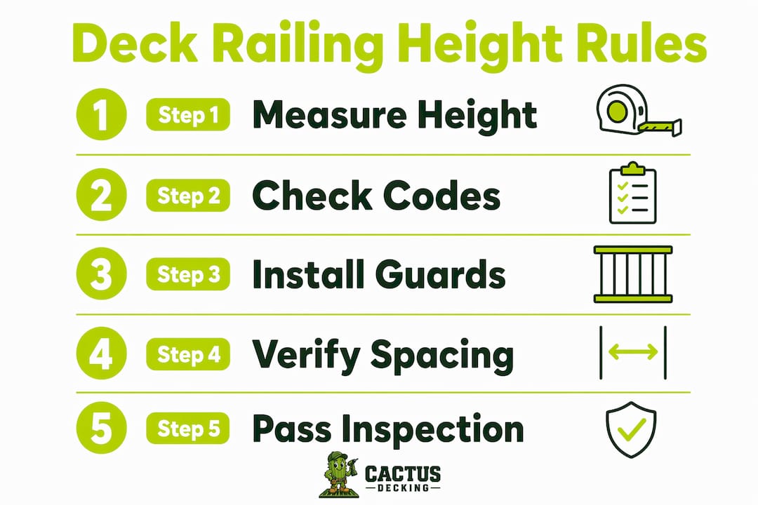 Infographic illustrating deck railing height steps and requirements