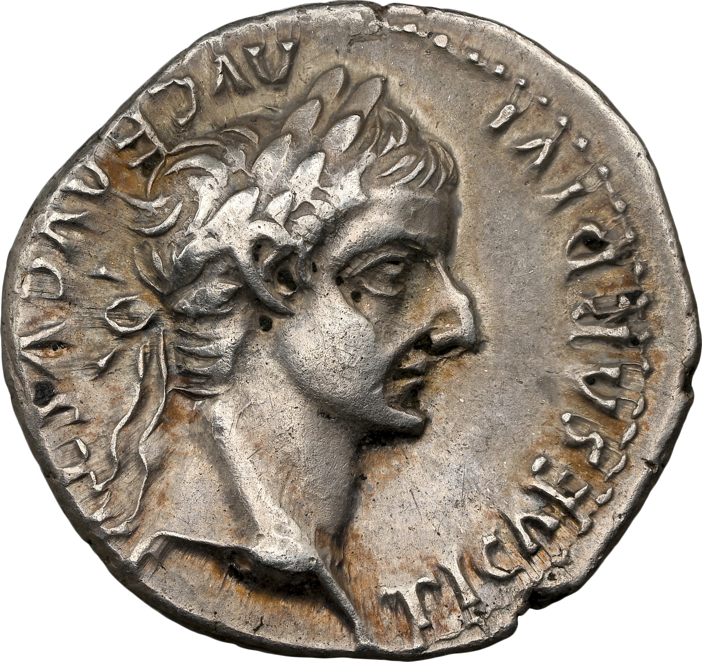 Tiberius denarius obverse from Lugdunum.