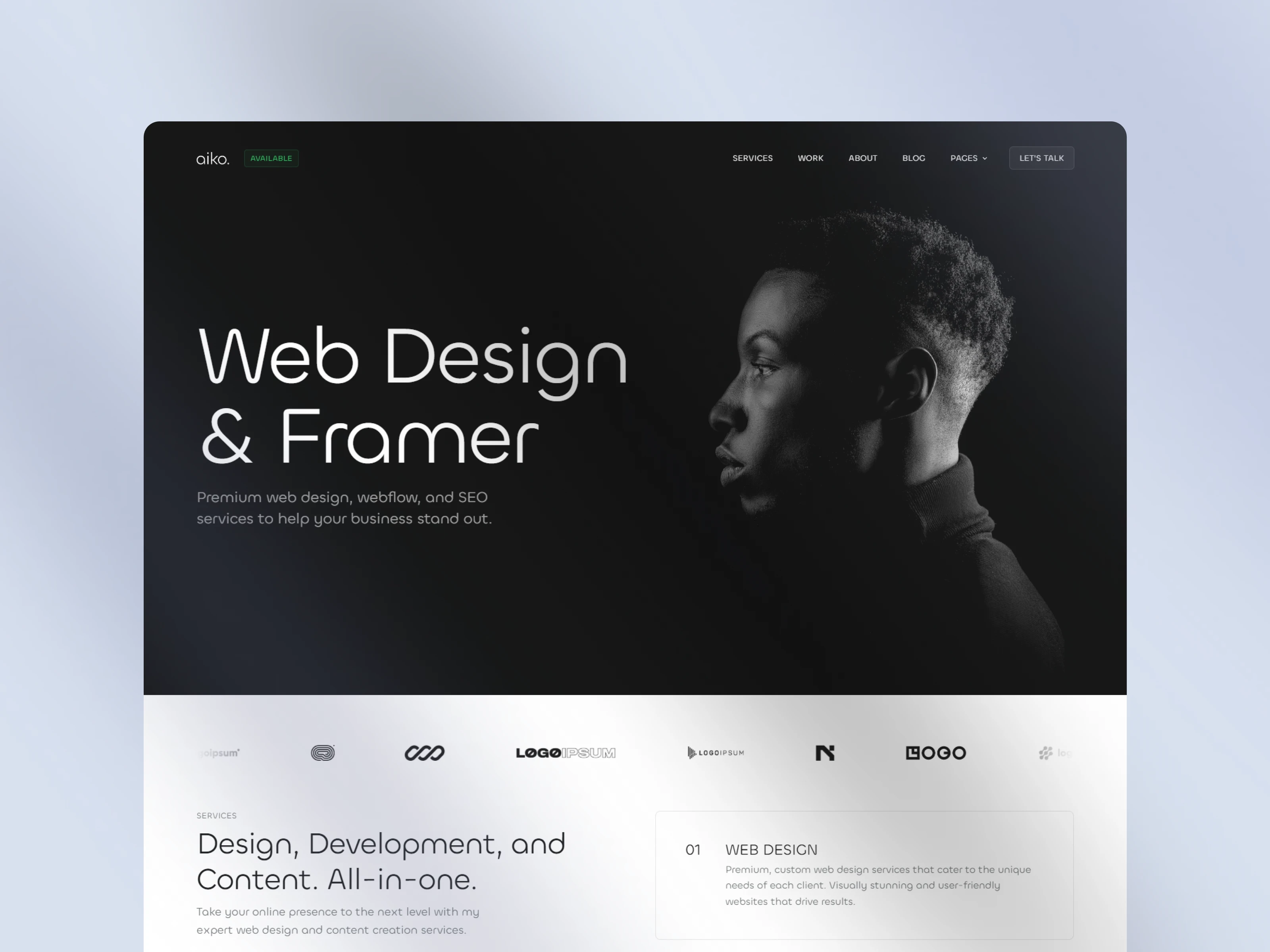 Web design and Framer agency page with dark hero, portrait, client logos, and services