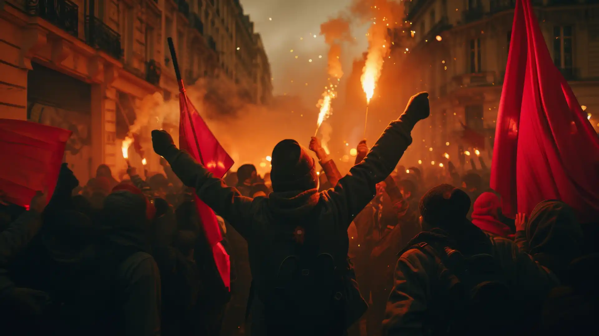 A crowd wielding flares and flags, illustrating the type of radicalized extremist networks TikTok disrupts using AI detection.