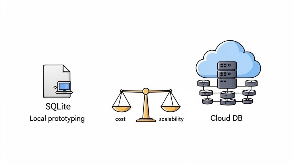 Illustration comparing SQLite for local prototyping with a Cloud DB, balancing cost against scalability.