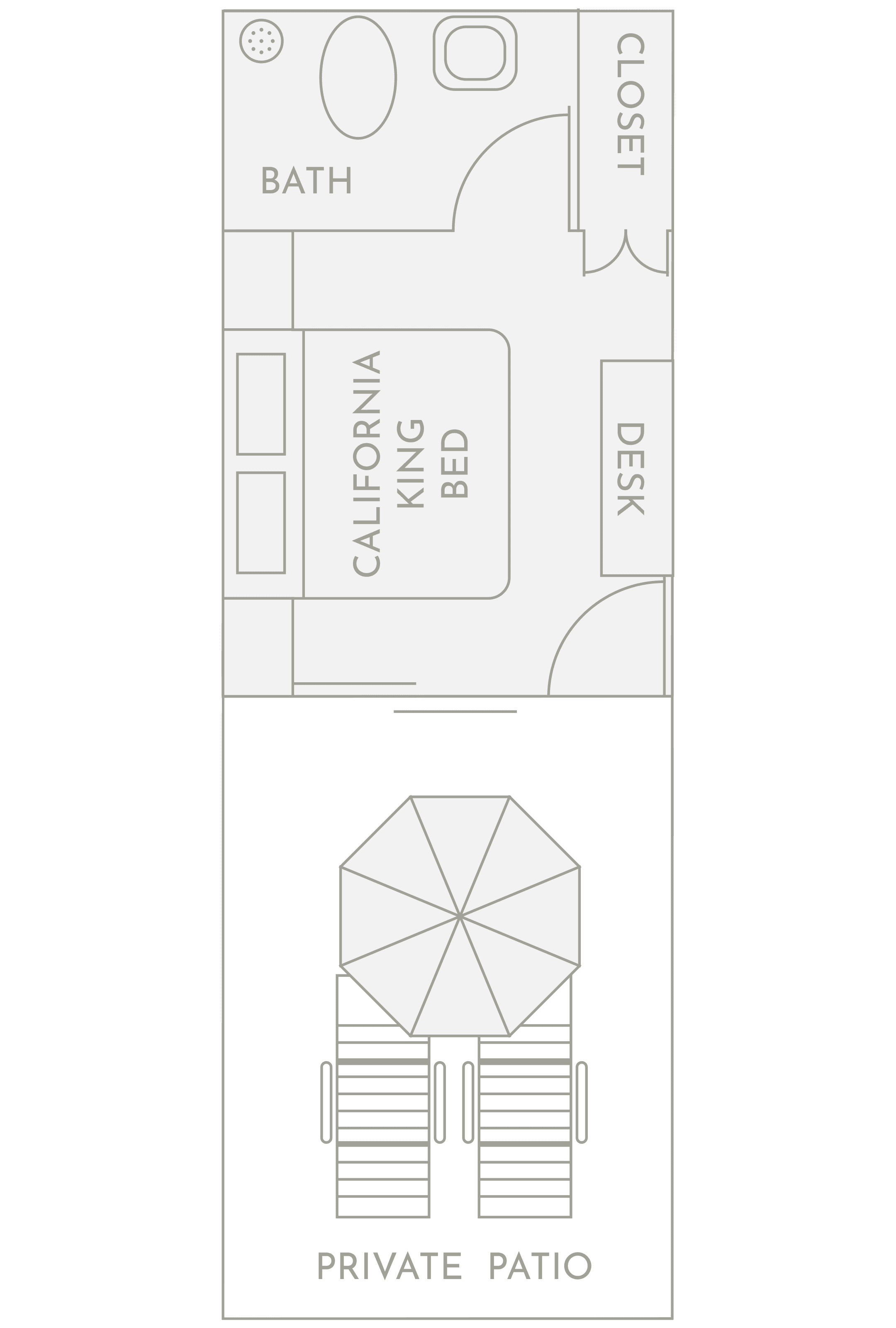 Floor plan of the Pool Boy Suite at Club Vieques, featuring a California king bed, private patio with loungers, desk, bath, and closet.