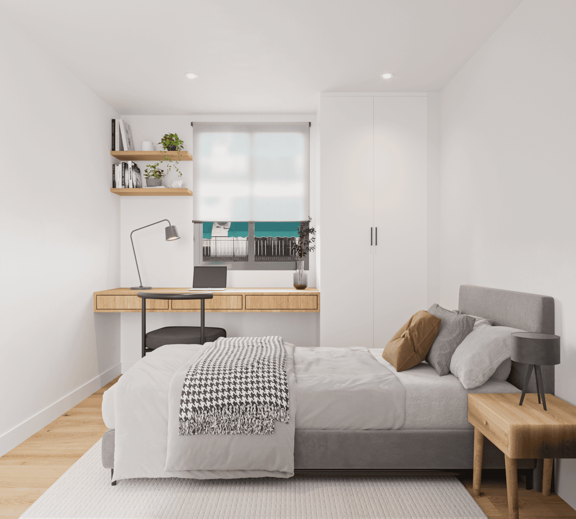 Modern minimalist bedroom with desk, bed, and window view.