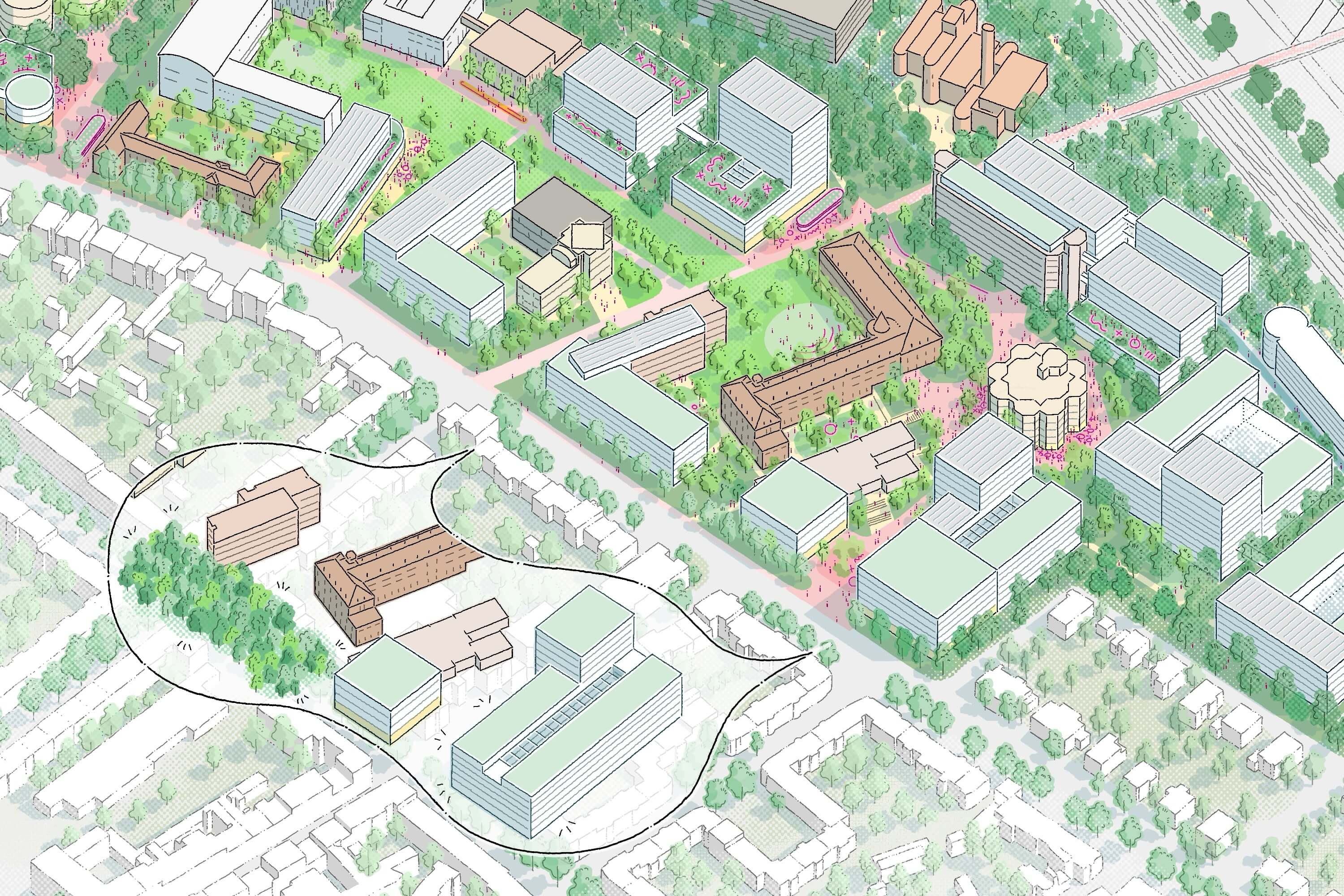 A colorful board game layout featuring various paths, squares, and vibrant illustrations for player interactions.