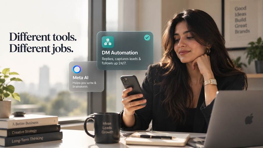 Business owner using Meta AI to assist her while a DM automation tool runs her customer conversations in 2026