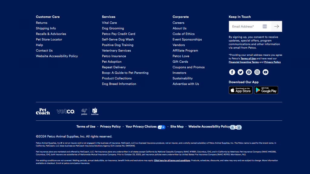 petco website footer