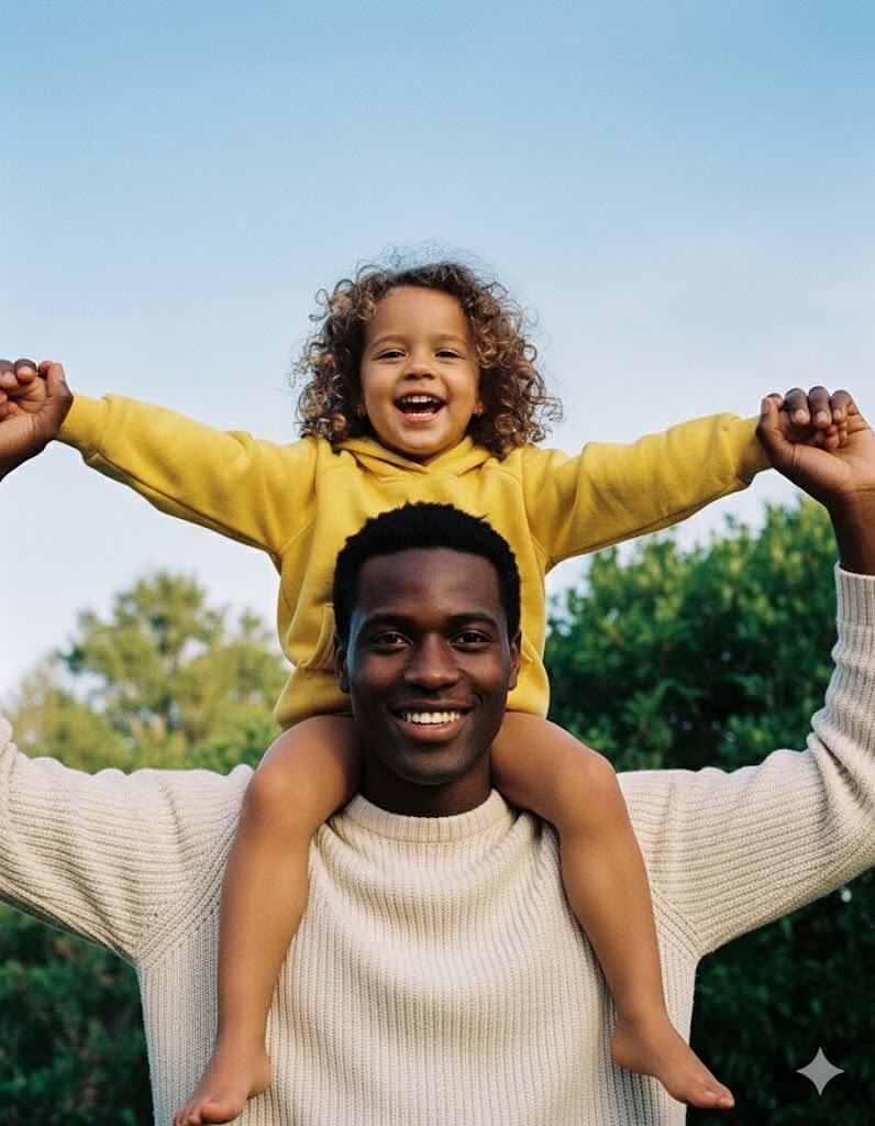 Man with child on his shoulders - long-term finance and wellbeing - self-invest personal pension plan