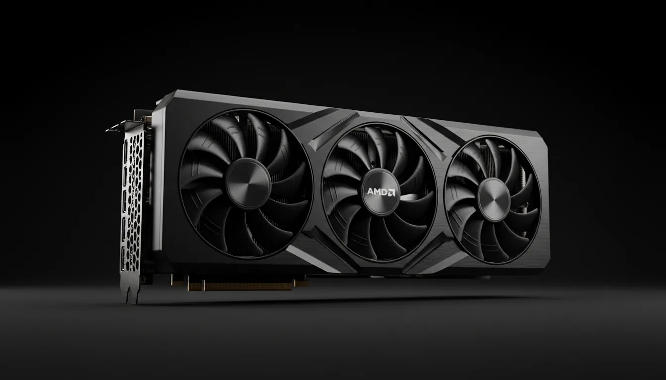 DSLR product photography, low angle shot of a high-end AMD Radeon GPU with a triple-fan cooler, showcased against a pure black studio background. Soft studio lighting with cinematic contrast, highlighting the matte black shroud, brushed metal textures, and the intricate design of the fan blades. The front of the graphics card is in sharp focus, with a shallow depth of field creating a subtle bokeh effect on the rear.