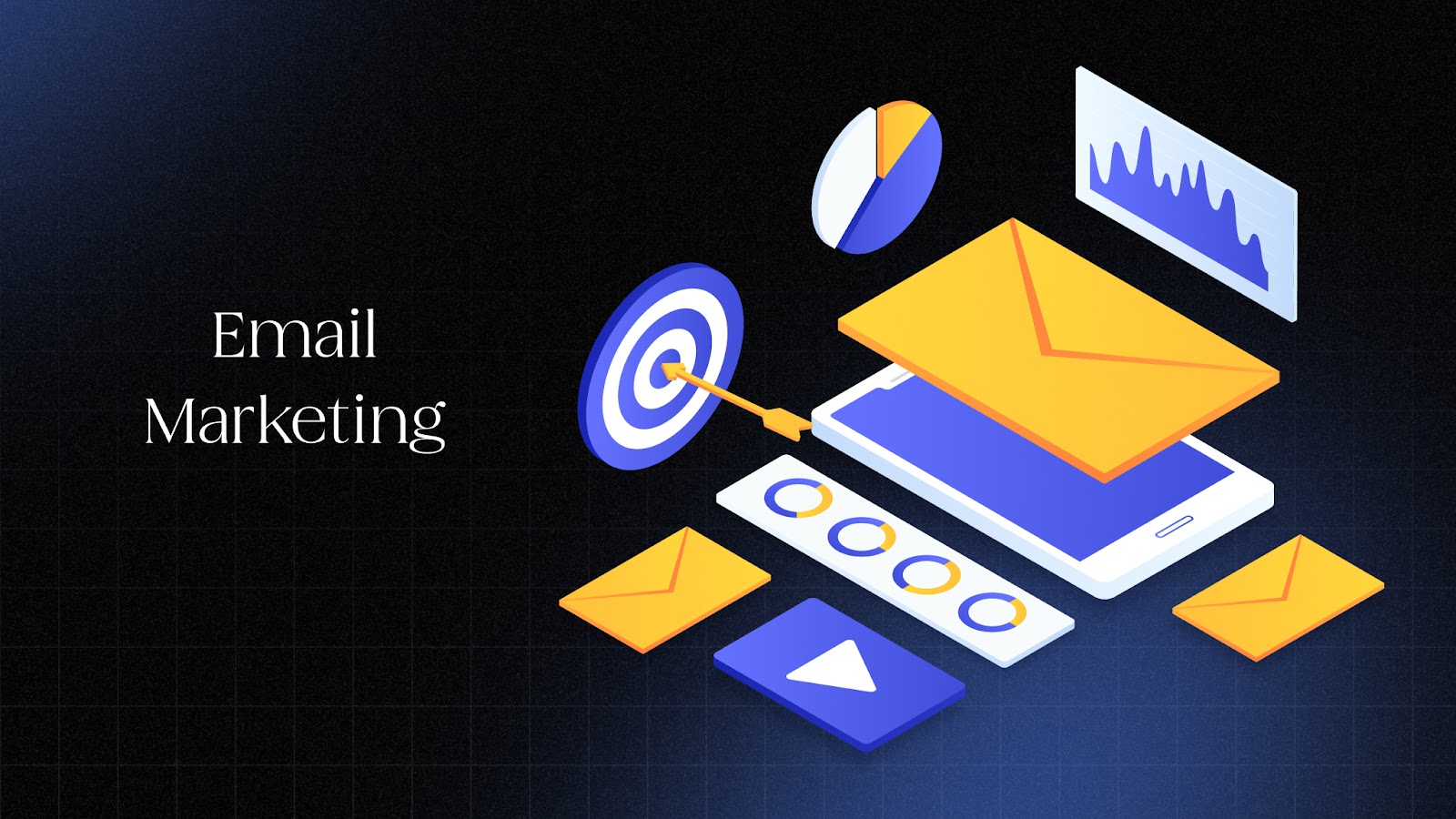 Isometrische Illustration zu E-Mail-Marketing mit Umschlägen, Zielscheibe, Diagrammen und Smartphone