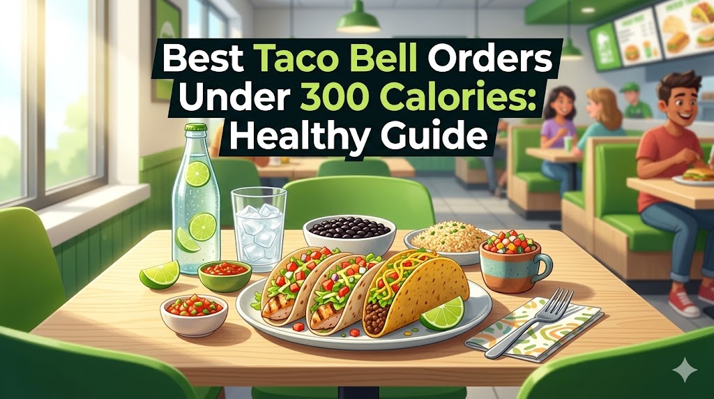 An animated illustration in a modern Taco Bell restaurant, featuring a table with a lime-infused water bottle, a bowl of black beans, soft-shell tacos, a hard-shell taco, a burrito, and salsa bowls. Customers enjoy meals in green booths in the background. Bold overlay text reads: 'Best Taco Bell Orders Under 300 Calories: Healthy Guide'.