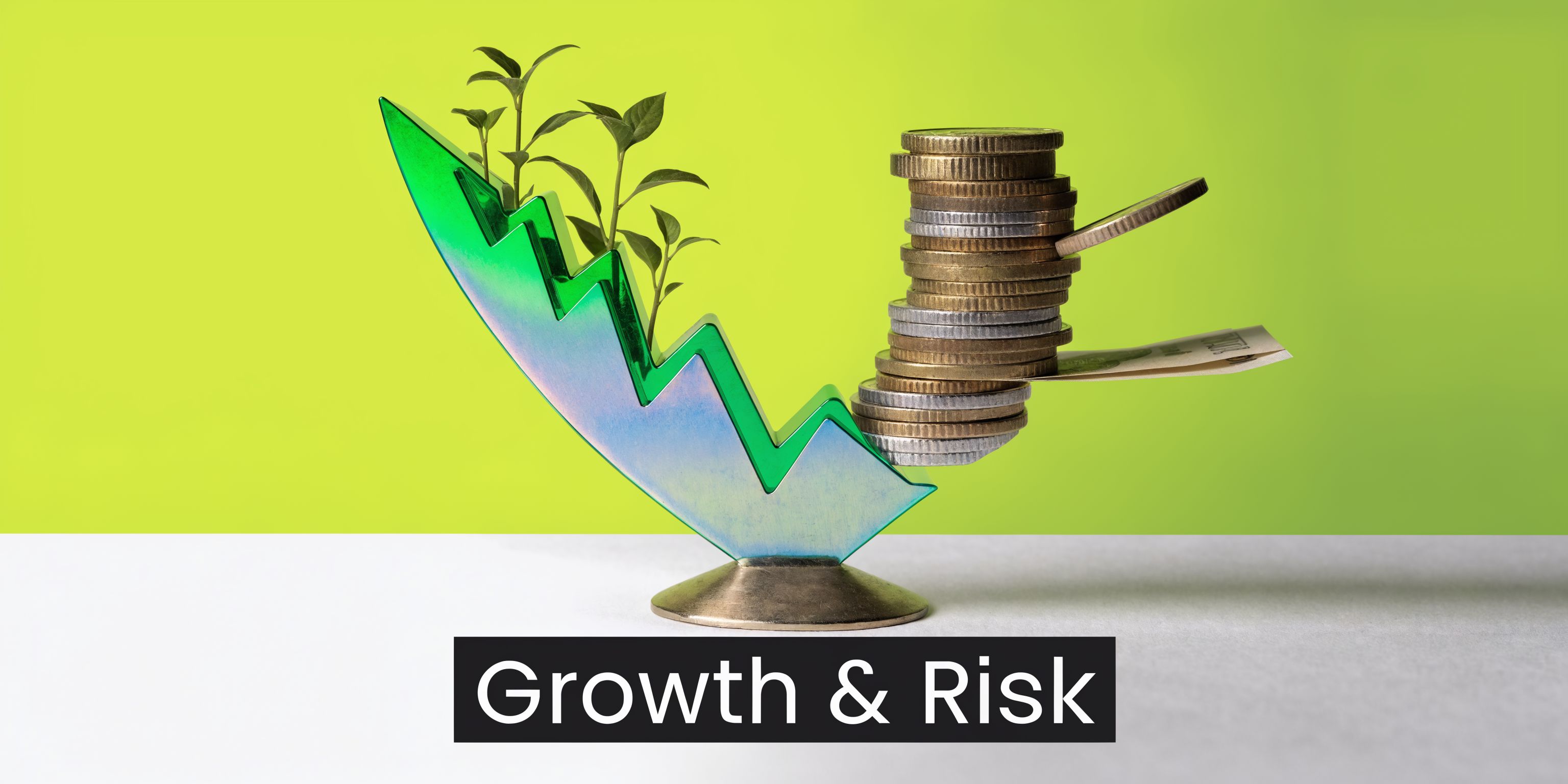 A conceptual image showing a green growth arrow balanced by a stack of coins and money.
