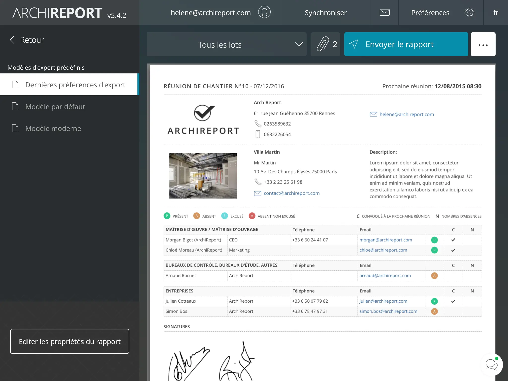 Interface de création de compte rendu de Archireport