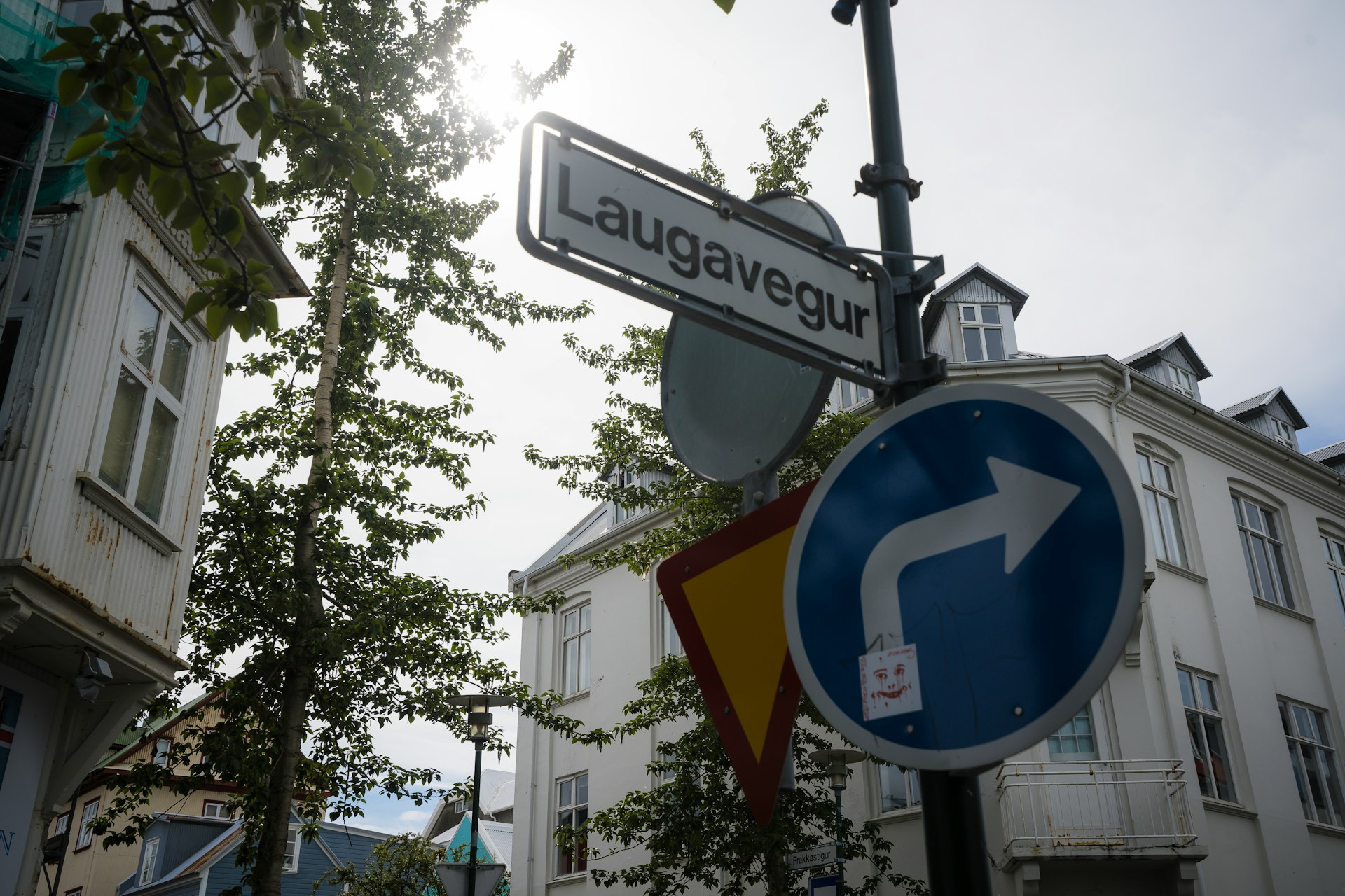 Laugavegur street sign in Reykjavik, Iceland, along the city's main shopping district.