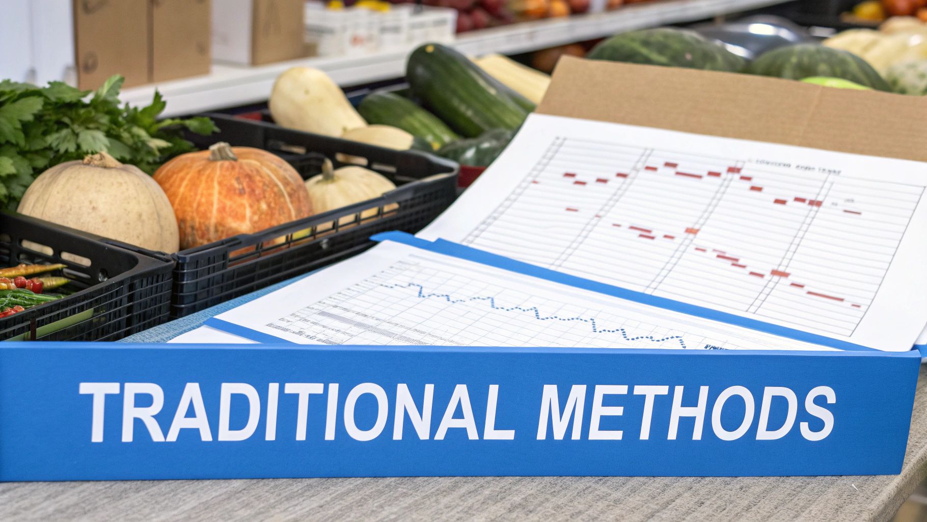 A blue sign reads 'TRADITIONAL METHODS' amidst fresh produce, with analytical charts and graphs in the background.