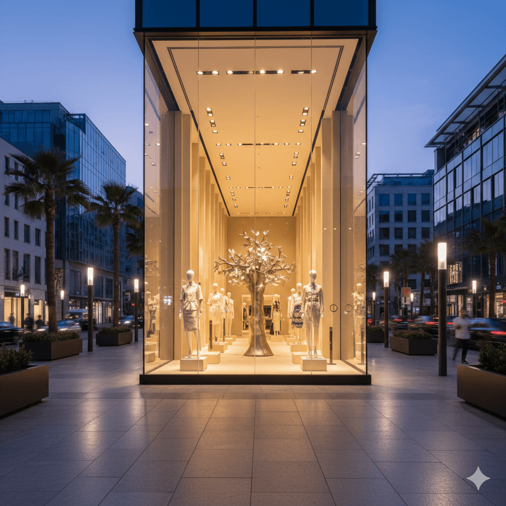 Luxury high-street retail storefront with double-height glass facade at Golf Course Road, Gurugram commercial project