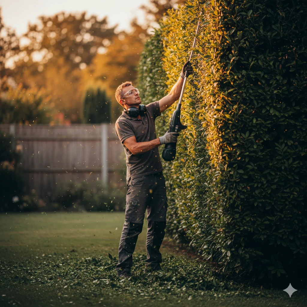 Paysagiste taillant une haie avec un taille-haie sur un chantier d'entretien