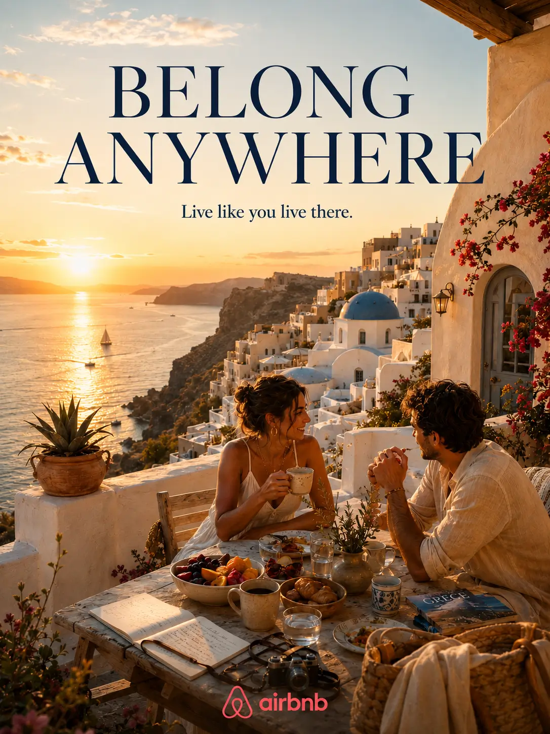 AI-generated Airbnb travel poster of a traveler overlooking a scenic coastal town at sunrise, expressing freedom, discovery, and belonging.