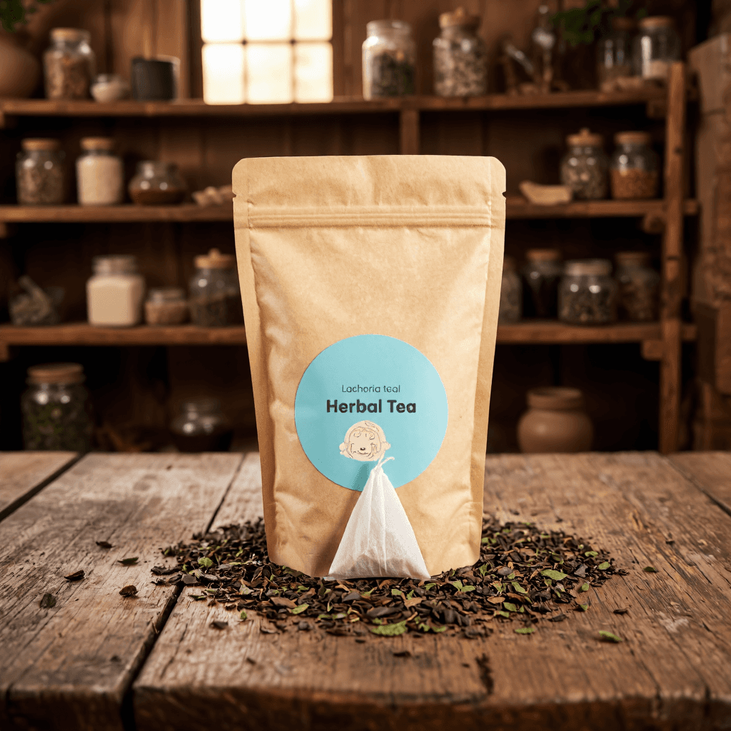 product photography of a bag of herbal tea with a tea bag