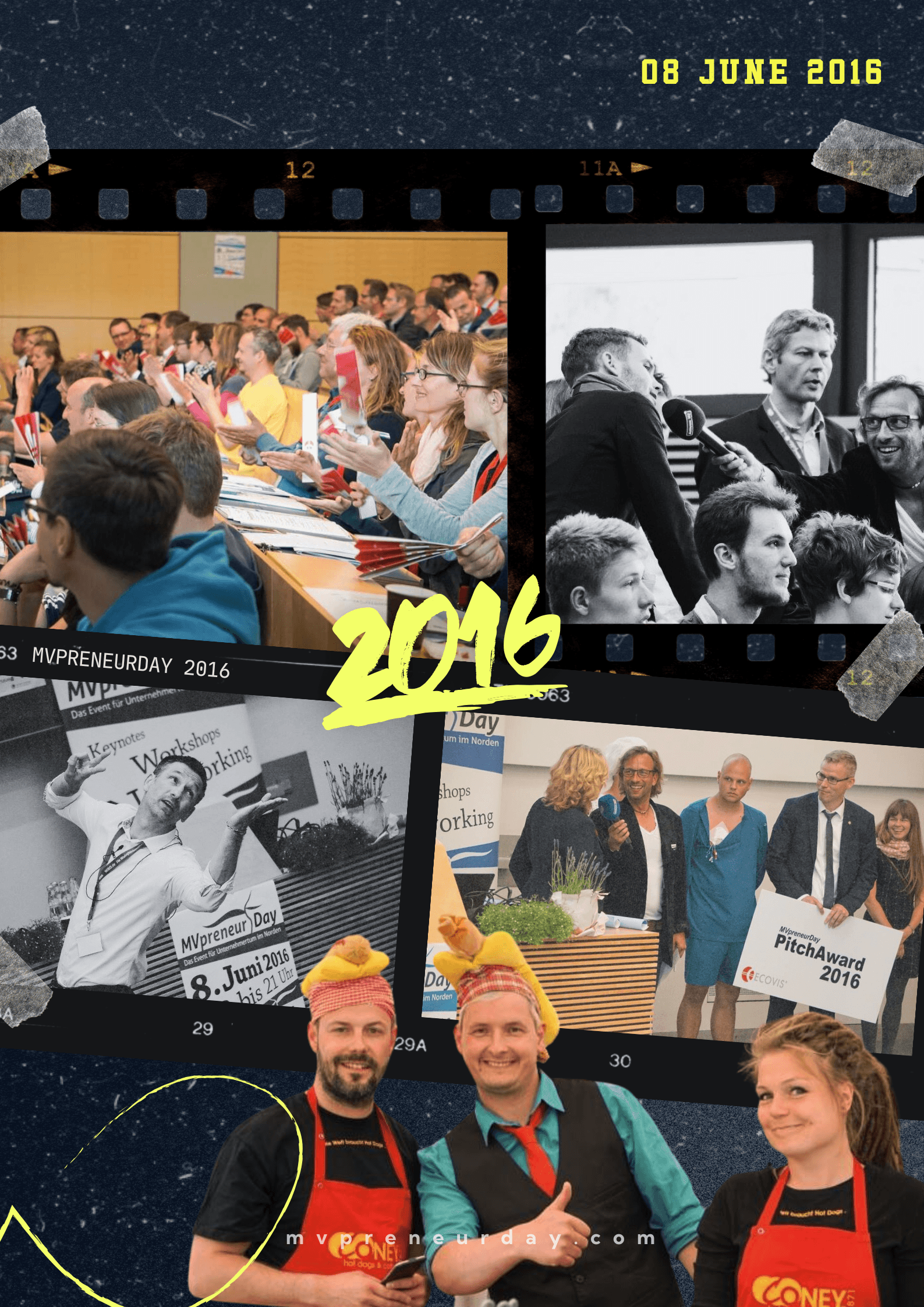 Collage zum MVPRENEUR Day 2016 mit Vortragenden, Zuschauerinnen und Netzwerkmomenten. Zahl „2016“ auffällig platziert.*