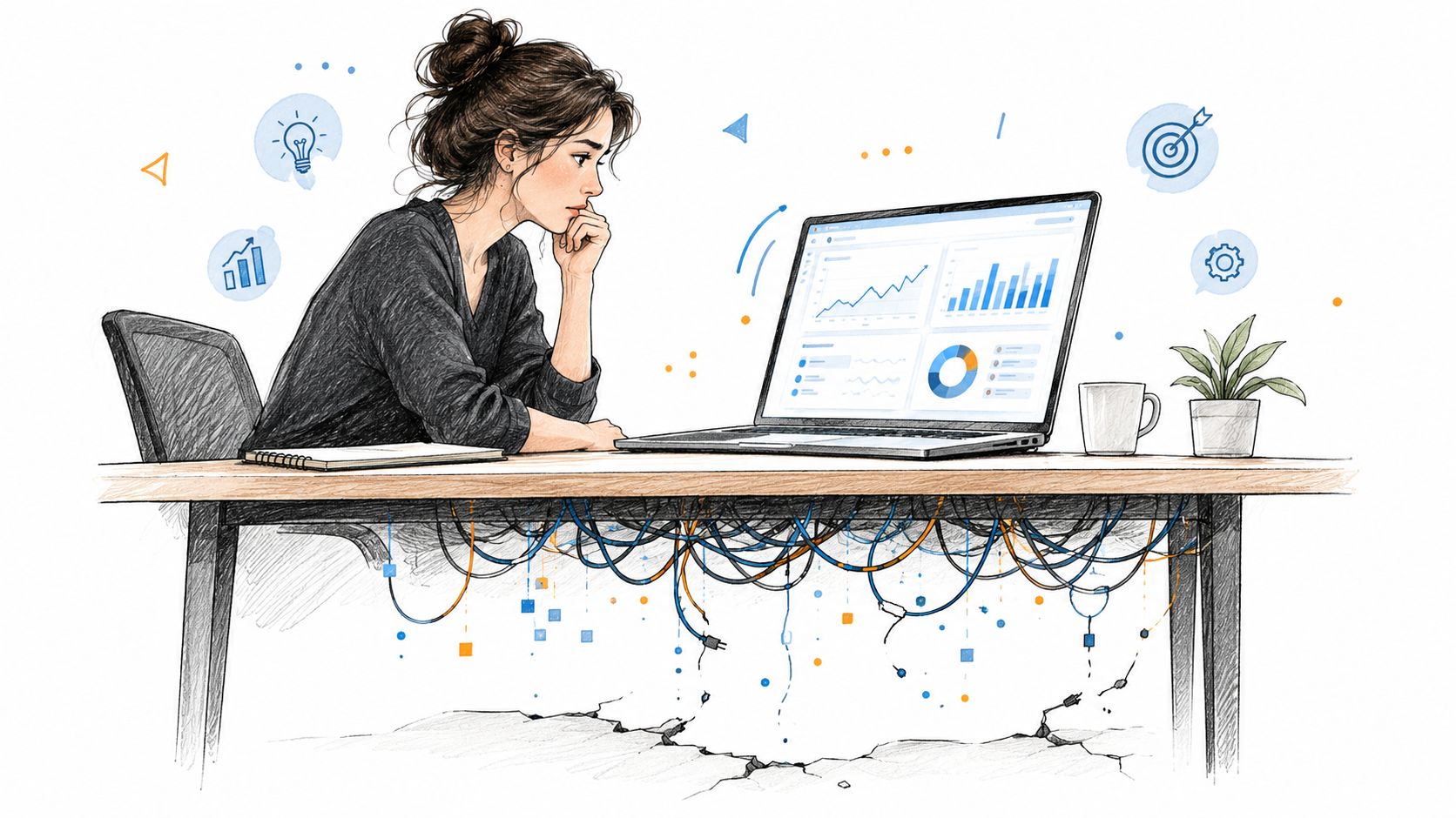 A woman working on data analytics on her laptop with messy tangled cables underneath her desk.