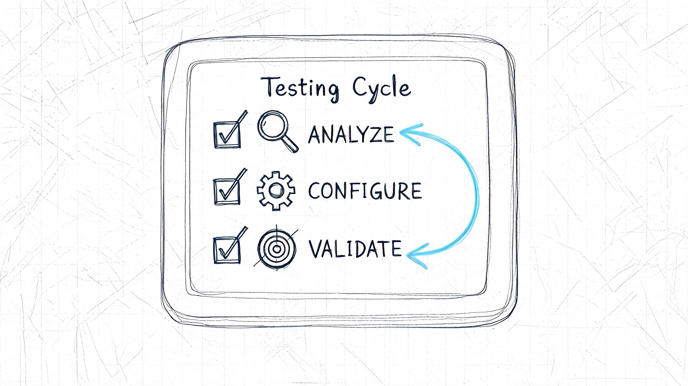 A hand-drawn illustration showing a testing cycle with three steps: analyze, configure, and validate.