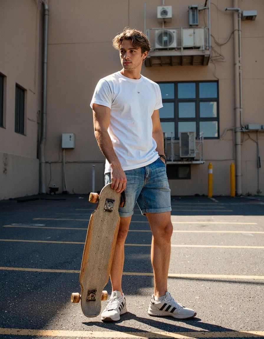 Person in white t-shirt and denim shorts holding a skateboard in an urban setting with warm lighting and industrial backdrop
