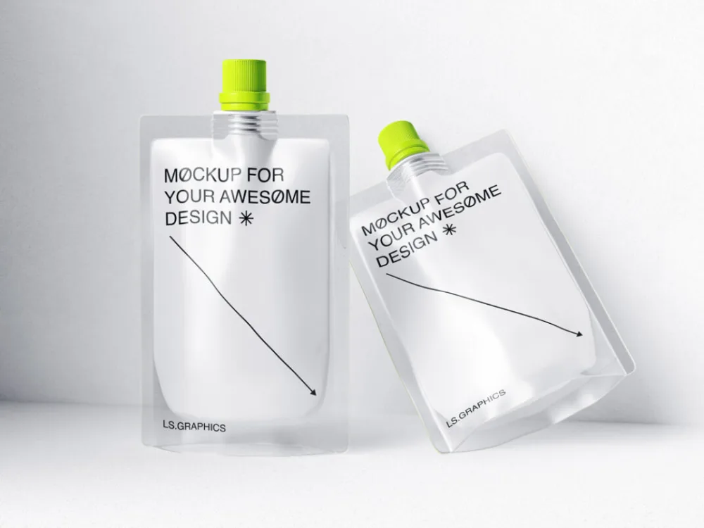 Flexible pouch mockup featuring two translucent pouches with bold black text and minimal design. One pouch stands upright, while the other leans, both with green caps, set against a light background.