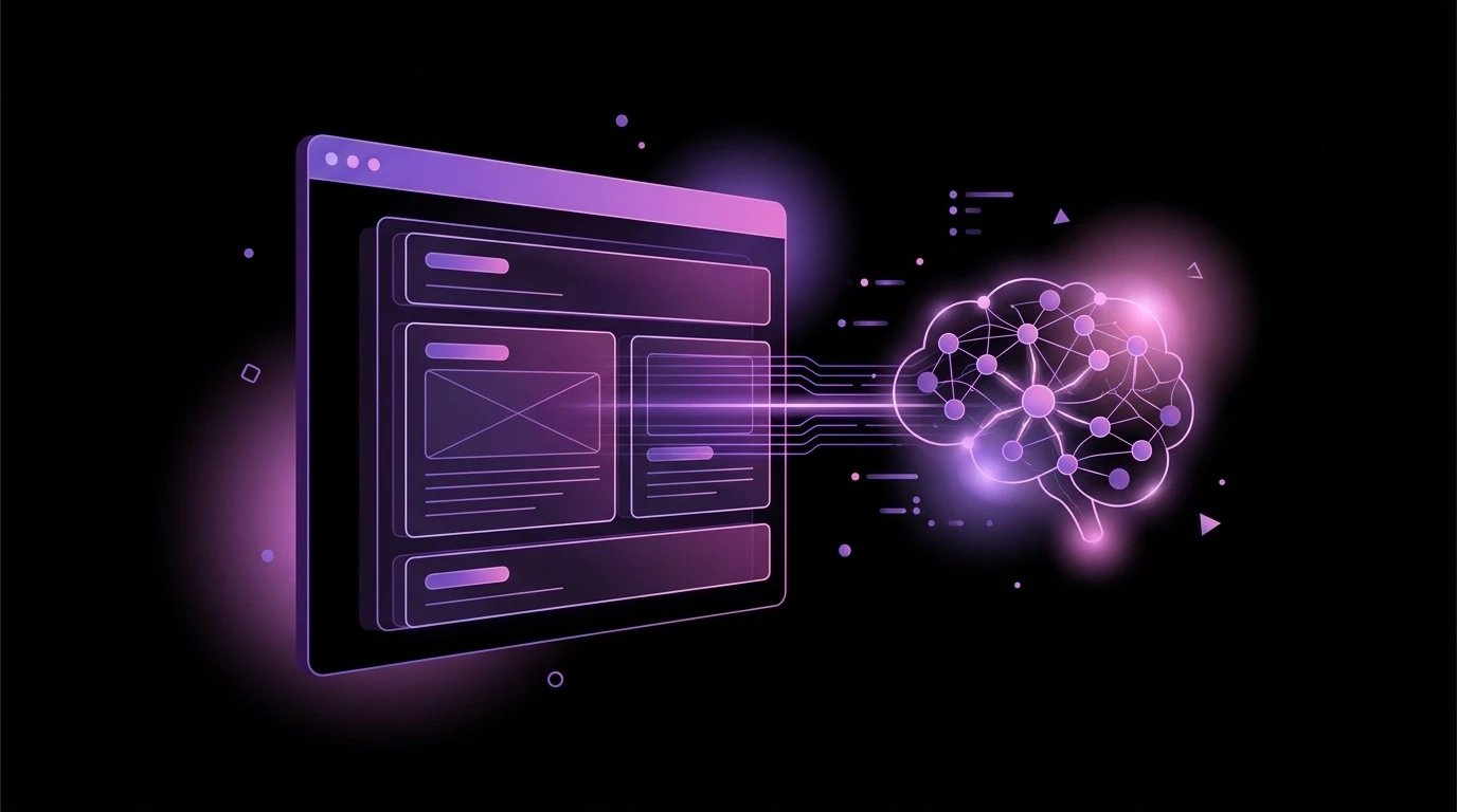 A sleek, minimal vector-style illustration of a futuristic laptop interface being scanned by AI, with structured content blocks glowing in violet and magenta on a deep black background.