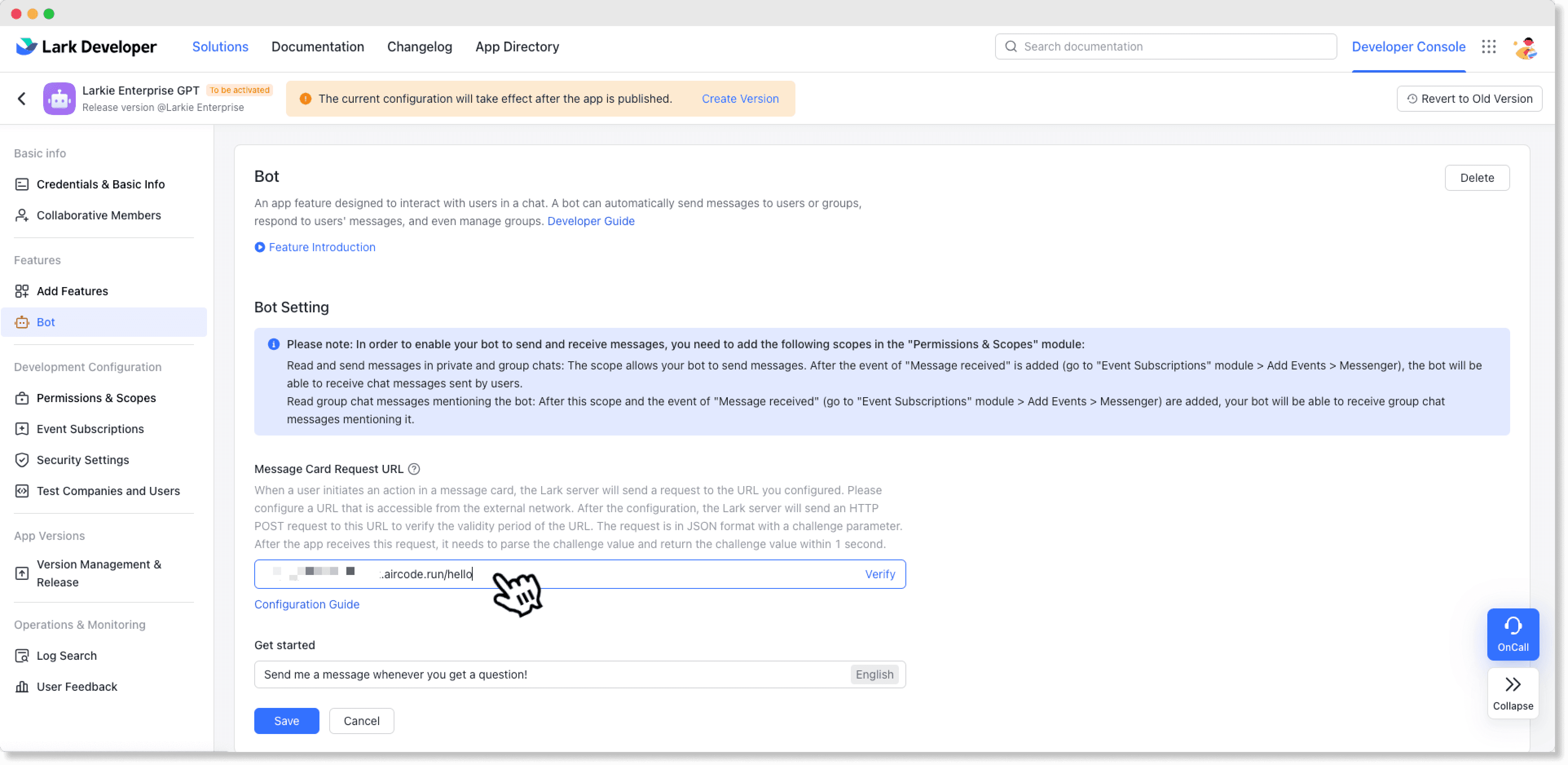 When building the request URL, make sure you add the needed dependencies and keys, such as app ID, secret key, and bot name.