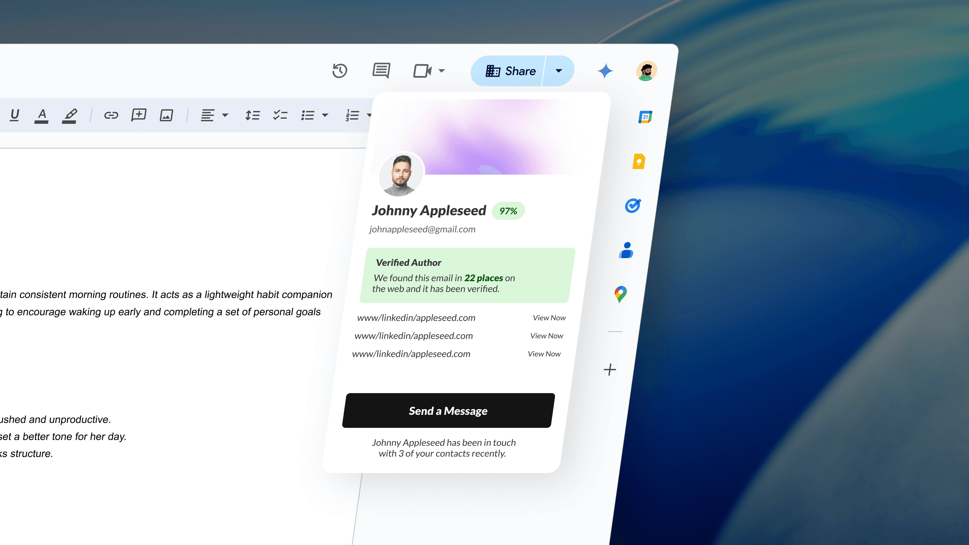 Screenshot of the green pages browser extension with a sidebar profile pop-up displaying contact details for “Johnny Appleseed.” The profile includes a photo, email address, a 97% verification score, and LinkedIn links, confirming Johnny as a verified author with presence on 22 websites. A black “Send a Message” button appears at the bottom.