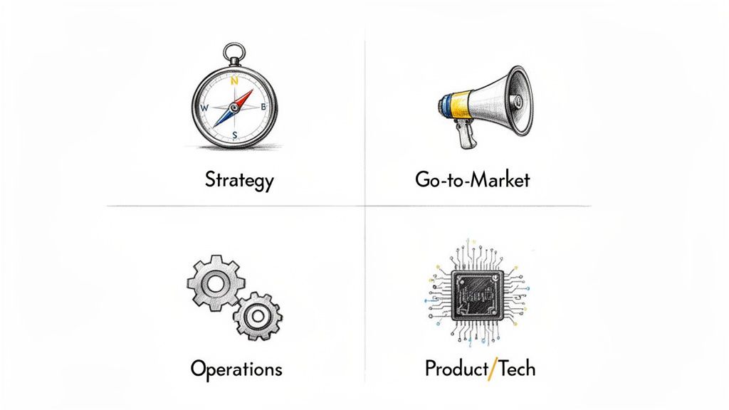 A diagram illustrating four key business quadrants: Strategy, Go-to-Market, Operations, and Product/Tech.