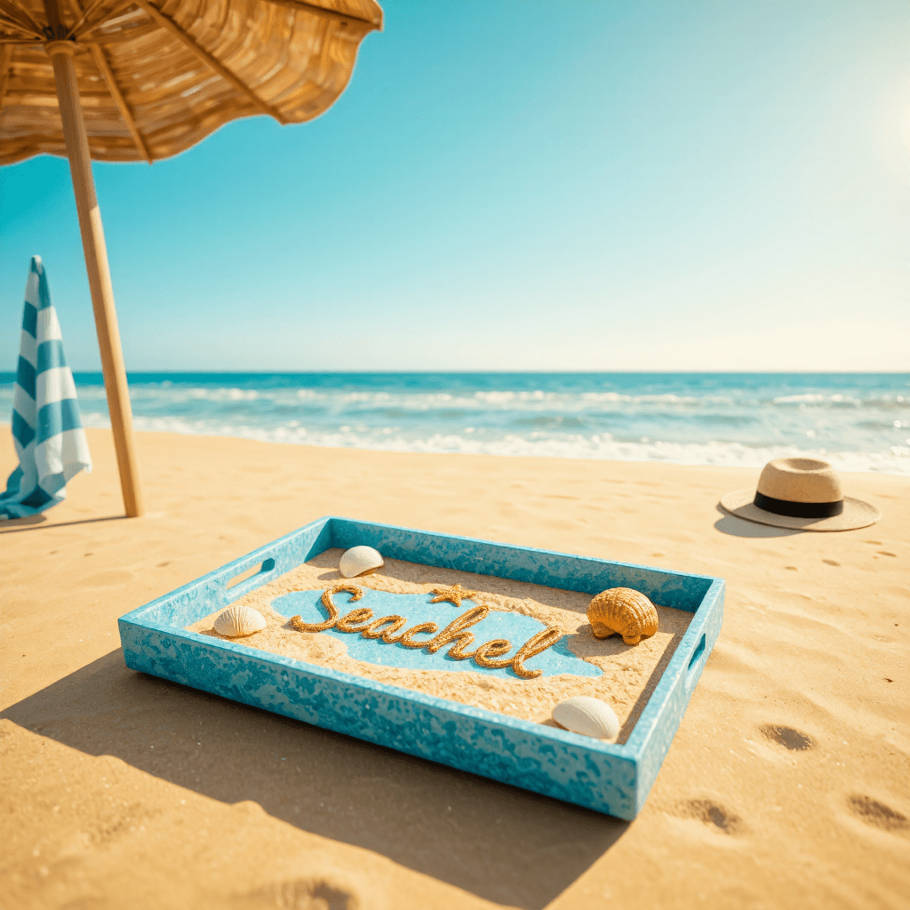 product photography of resin decorative tray with a beach theme and a golden inscription