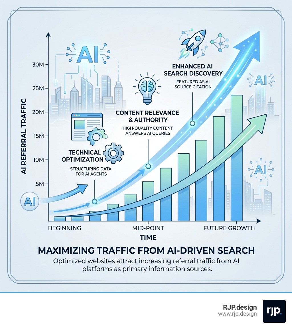 Infographic showing the growth of AI referral traffic for optimized websites - best seo web design infographic
