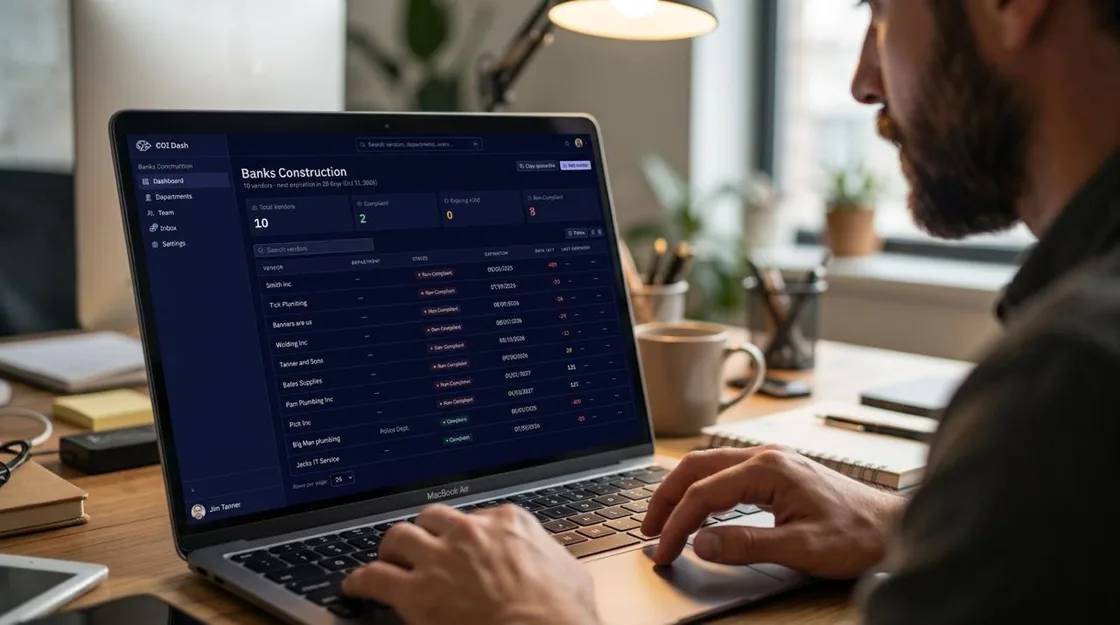 COI Dash dashboard shown on a laptop while a team member reviews vendor compliance status.
