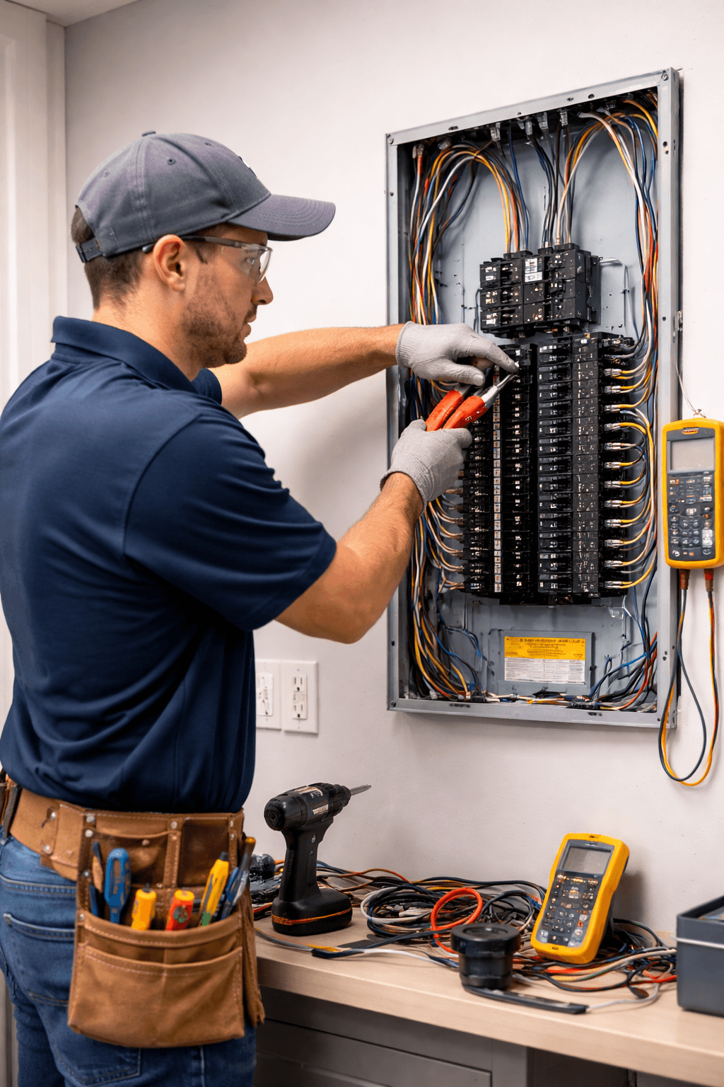 electrician upgrading a residential electrical panel and circuit breakers